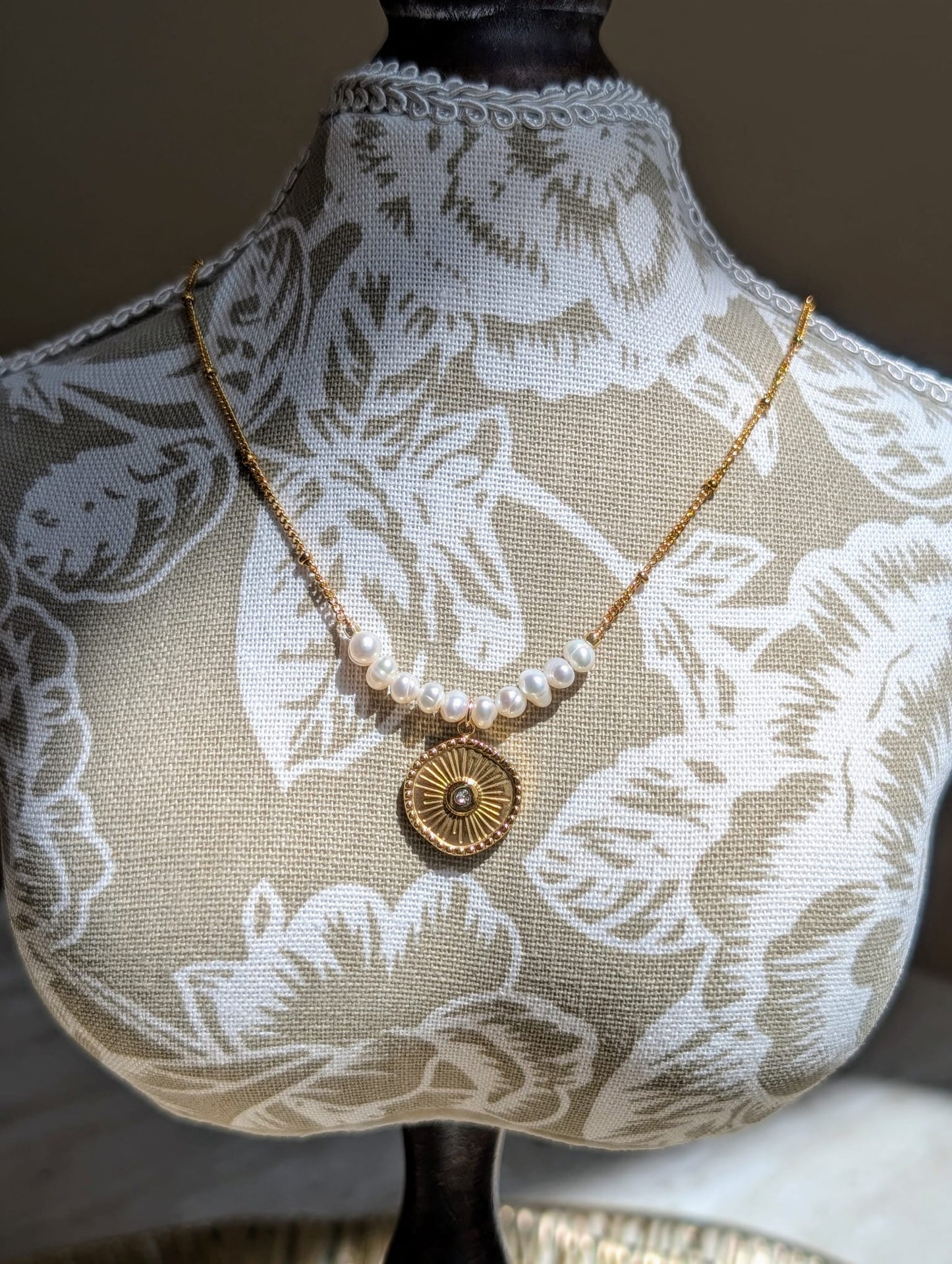 14K Gold Plated Necklace with Freshwater Pearls and Gold Coin Pendant
