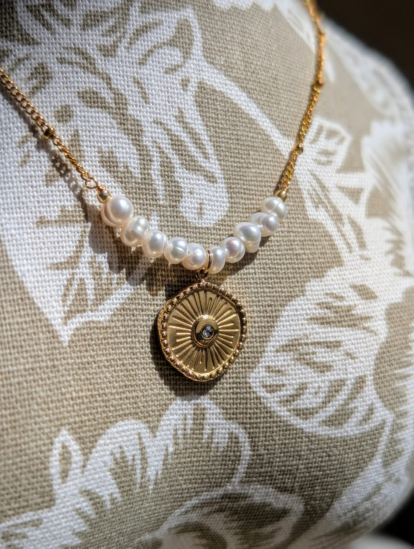 14K Gold Plated Necklace with Freshwater Pearls and Gold Coin Pendant