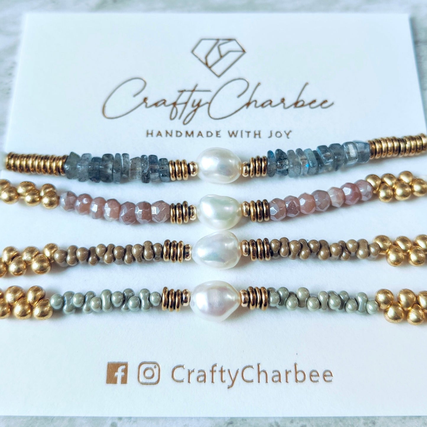 Natural Peachy Moonstone and Baroque Pearl Bracelet, Pebble & Pearl Collection
