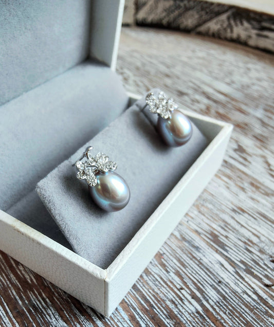 Sliver 925 Rhinestone Daisy Sliver Grey Aubergine Pearl Earrings, S925 Collection