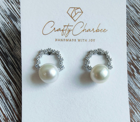 Sliver 925 White Edison Pearl Halo Rhinestone Earrings, S925 Collection