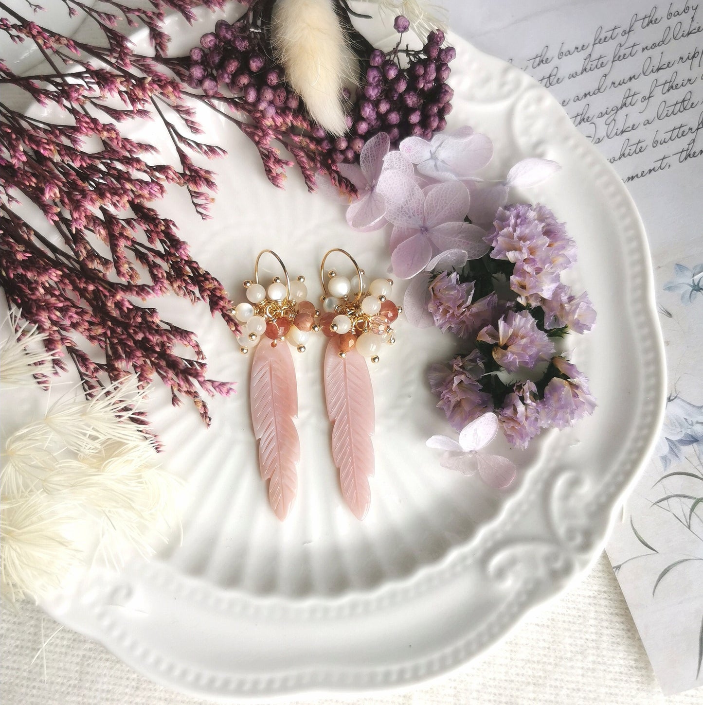 Naturally Crafted Pink Feather Mother of Pearl 14kgf Earrings