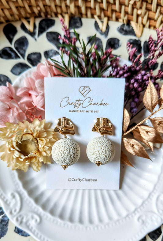 Pearl White Lava Stone 14K Gold Plated Stud Earrings (Sphere / Coin Shape)