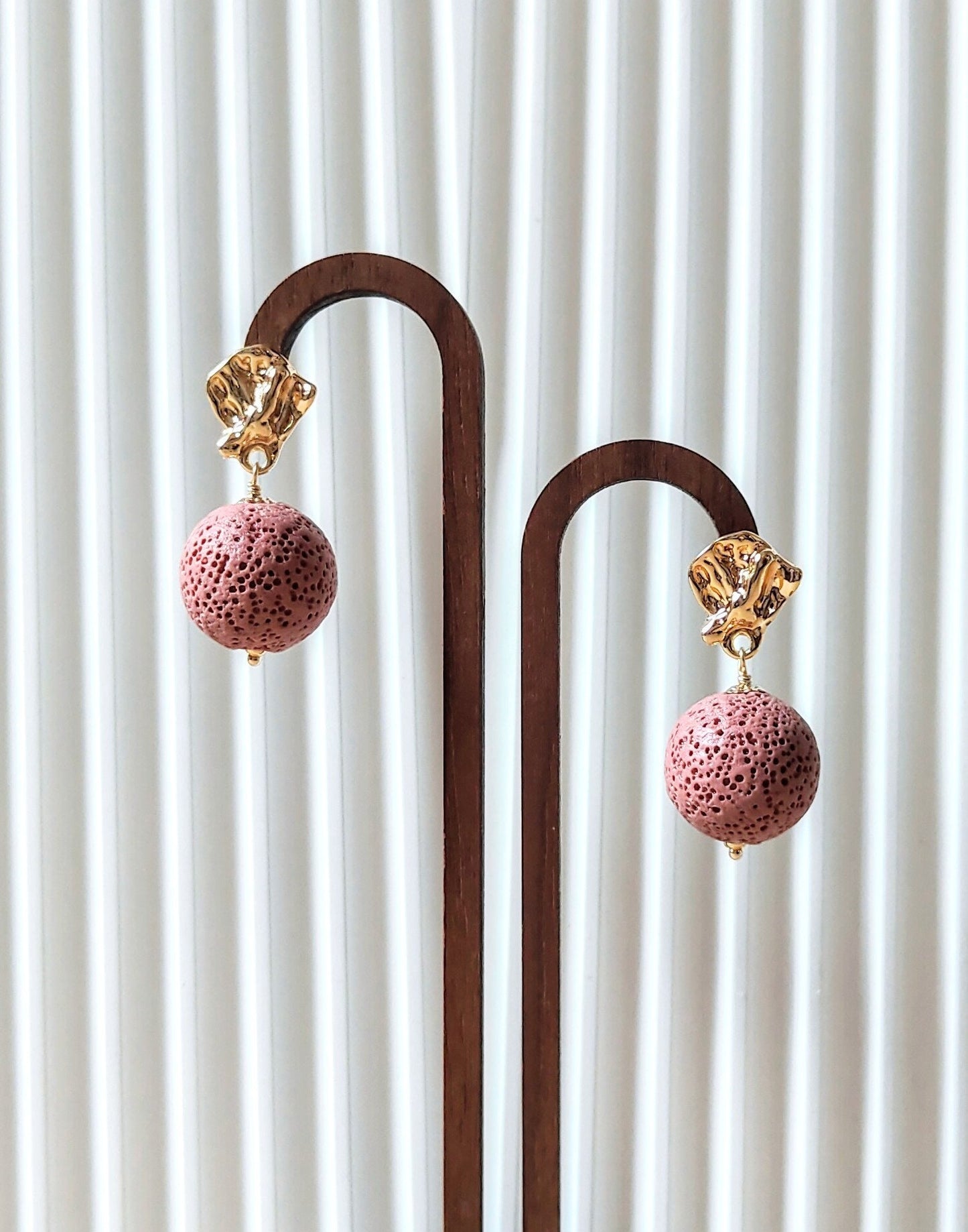 Bubble Gum Pink Lava Stone 14K Gold Plated Stud Earrings (Sphere Shape)