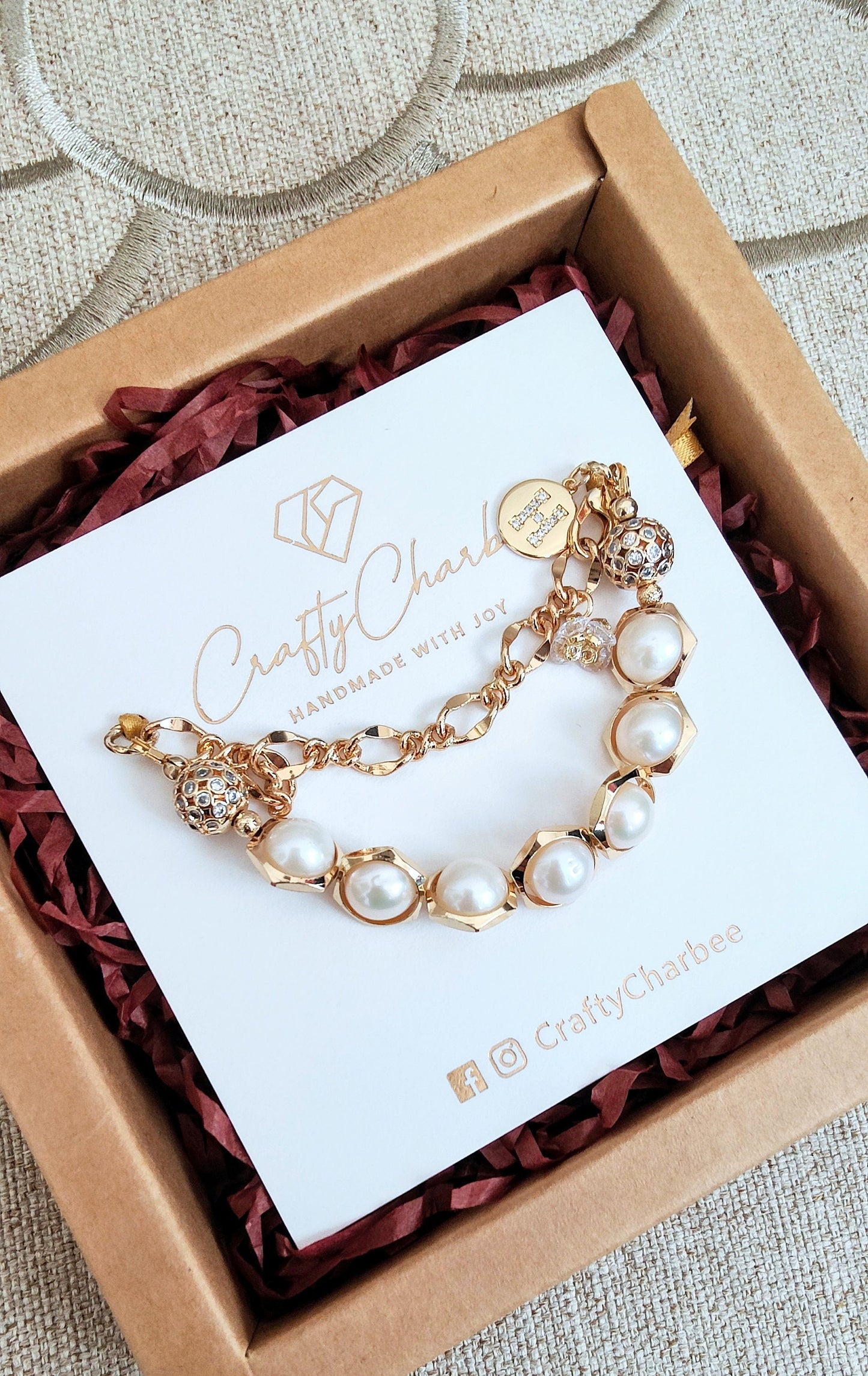 Freshwater Pearl Hexagon Loop 14K Gold Plated Bracelet. June's Birthstone