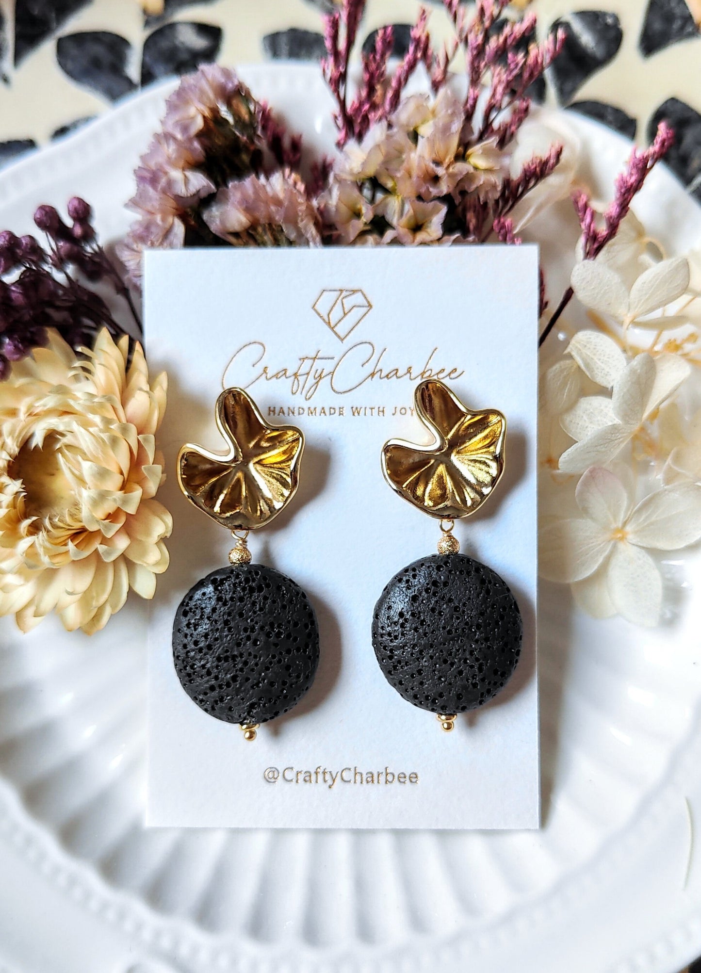 Carbon Black Lava Stone 14K Gold Plated Stud Earrings (Sphere / Coin Shape)