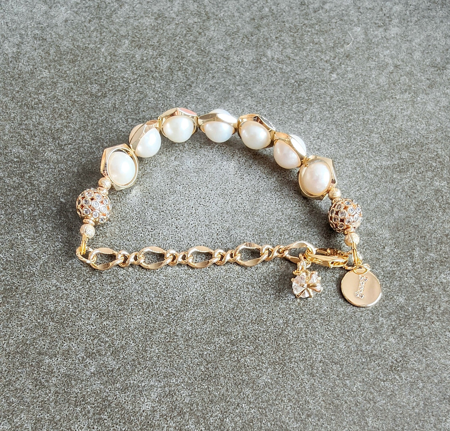 Freshwater Pearl Hexagon Loop 14K Gold Plated Bracelet. June's Birthstone