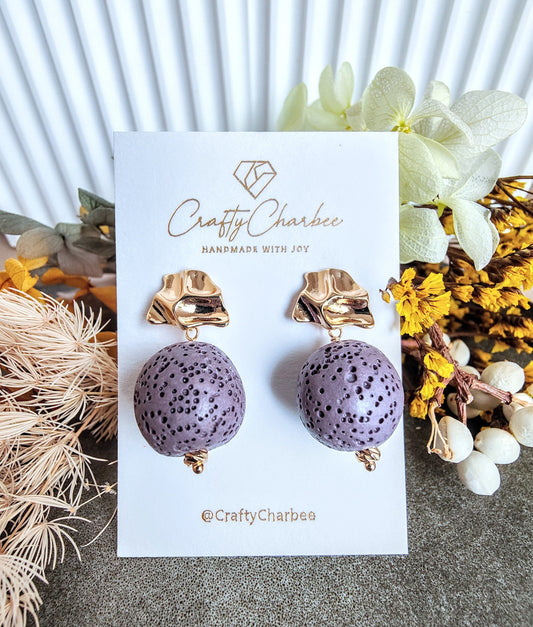 Purple Lava Stone 14K Gold Plated Stud Earrings (Sphere / Coin Shape)