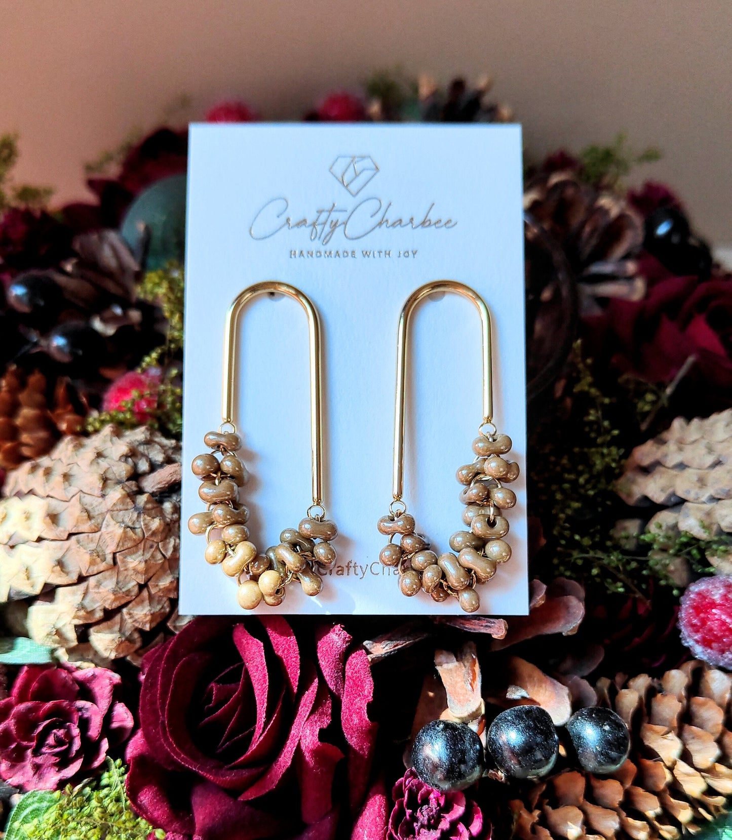Beaded U Shaped 14K Gold Plated Earrings, Beige Jolly Beads