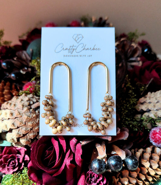 Beaded U Shaped 14K Gold Plated Earrings, Beige Jolly Beads