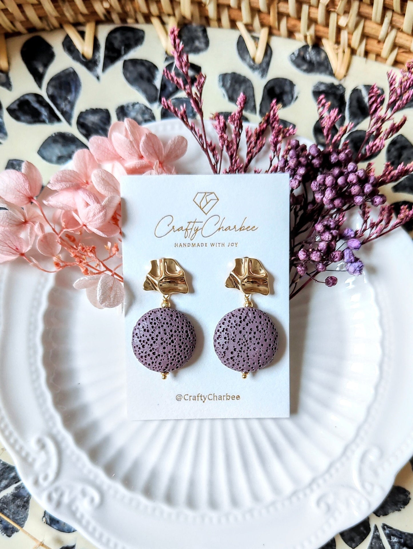 Purple Lava Stone 14K Gold Plated Stud Earrings (Sphere / Coin Shape)