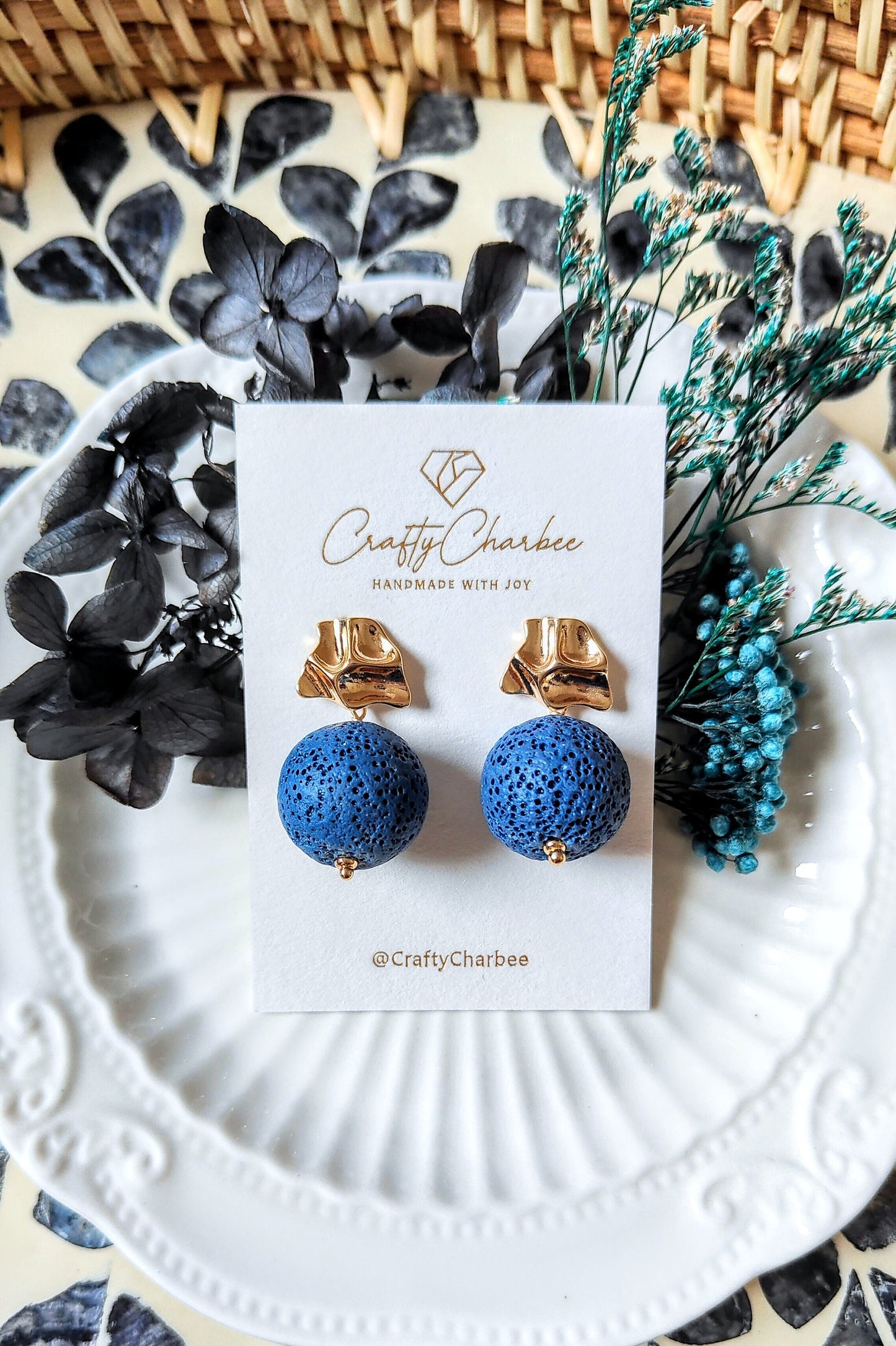 Bright Blue Lava Stone 14K Gold Plated Stud Earrings (Sphere Shape)