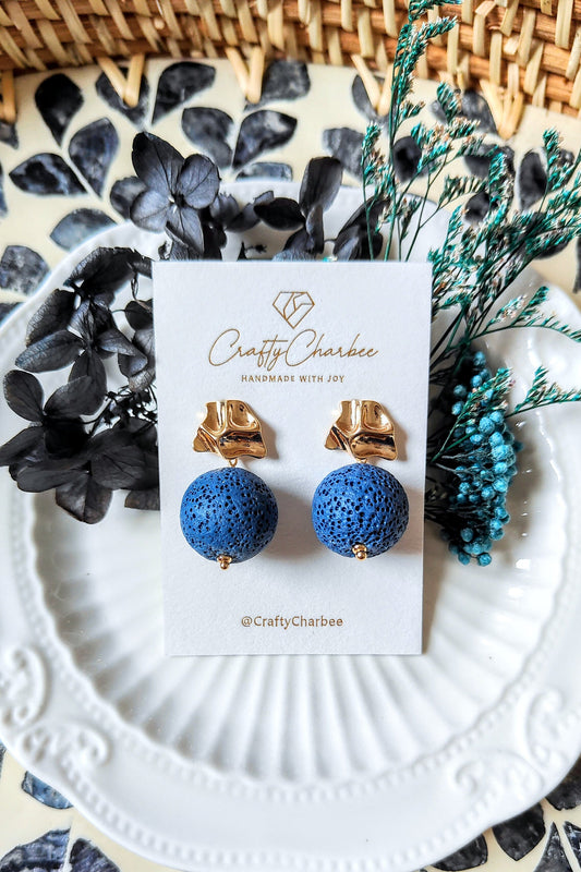 Bright Blue Lava Stone 14K Gold Plated Stud Earrings (Sphere Shape)