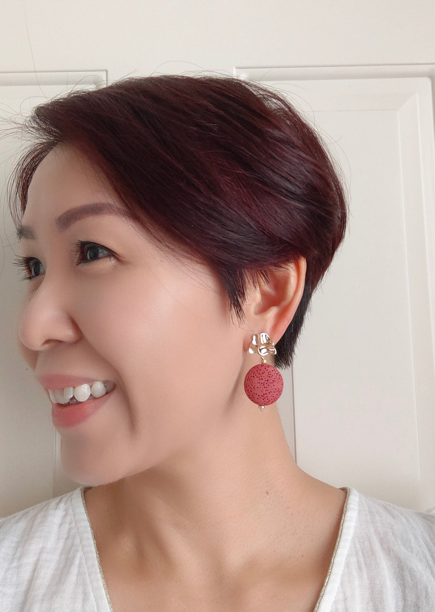 Red Bean Rosy Pink Lava Stone 14K Gold Plated Stud Earrings (Coin Shape)