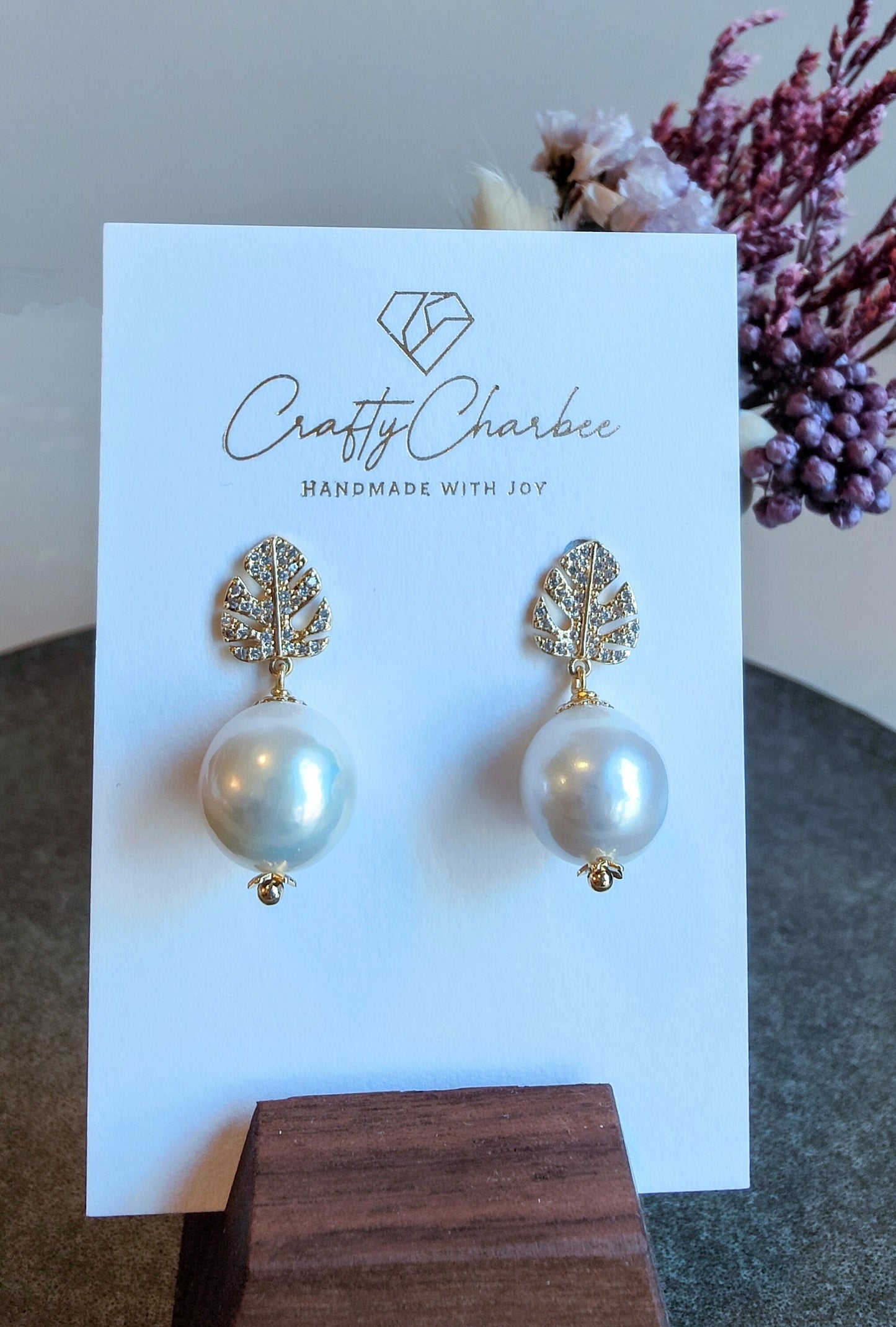 Rhinestone Leaf Natural Freshwater Pearl 14K Gold-Plated Stud Earrings