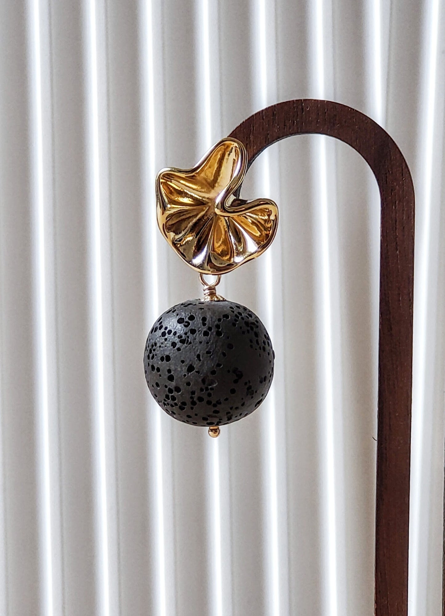 Carbon Black Lava Stone 14K Gold Plated Stud Earrings (Sphere / Coin Shape)
