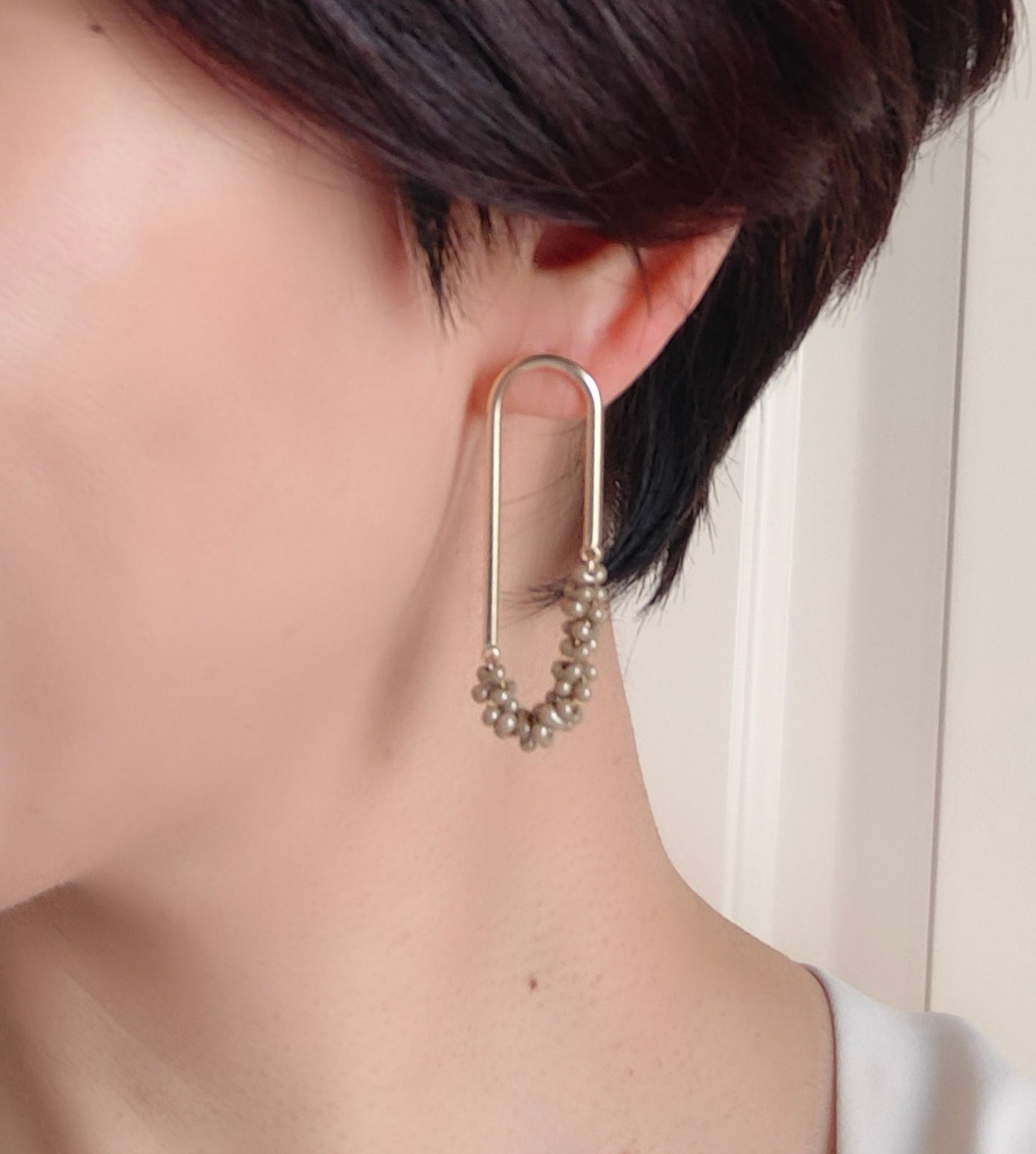 Beaded U Shaped 14K Gold Plated Earrings, Mini Beige Jolly Beads