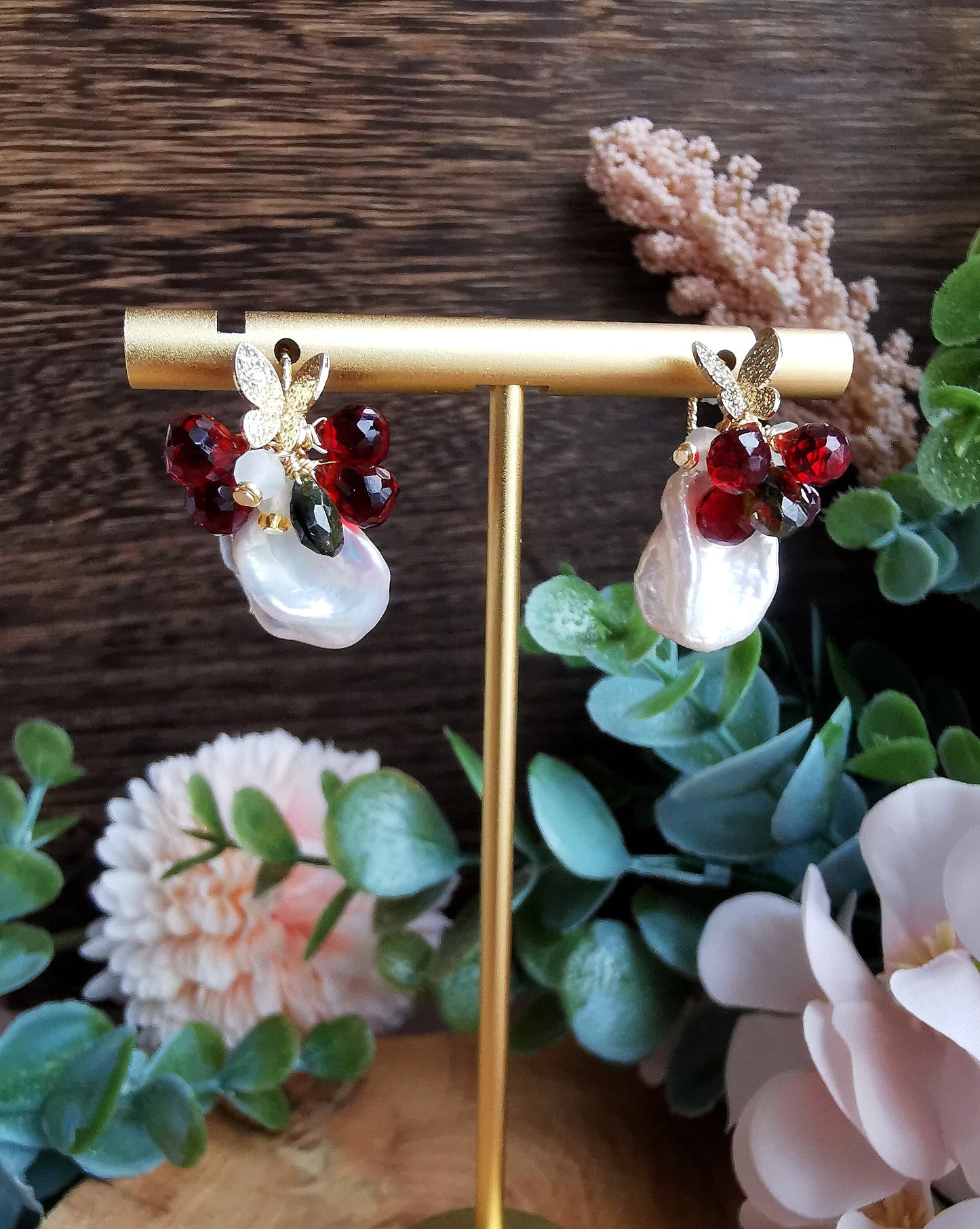 Natural Red Garnet & Baroque Pearl 14K Gold Plated Butterfly Earrings