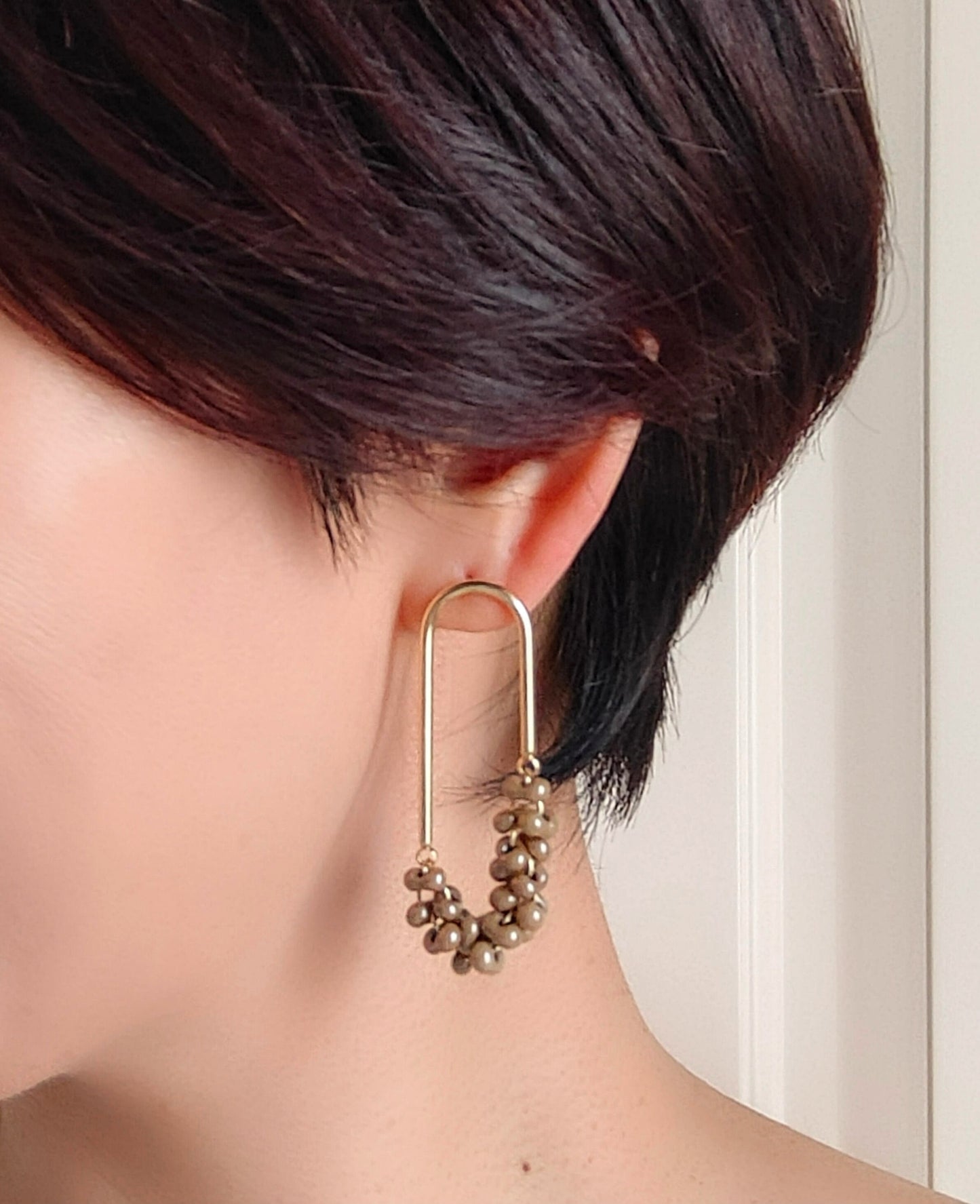 Beaded U Shaped 14K Gold Plated Earrings, Beige Jolly Beads