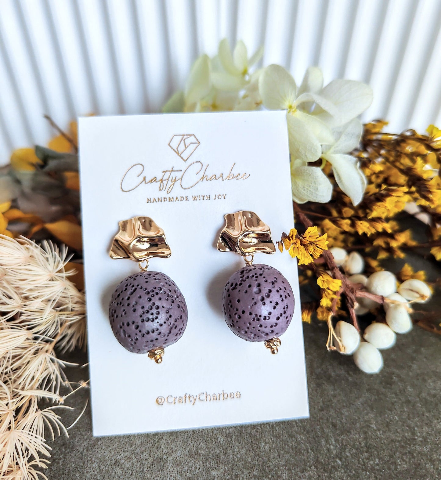 Purple Lava Stone 14K Gold Plated Stud Earrings (Sphere / Coin Shape)