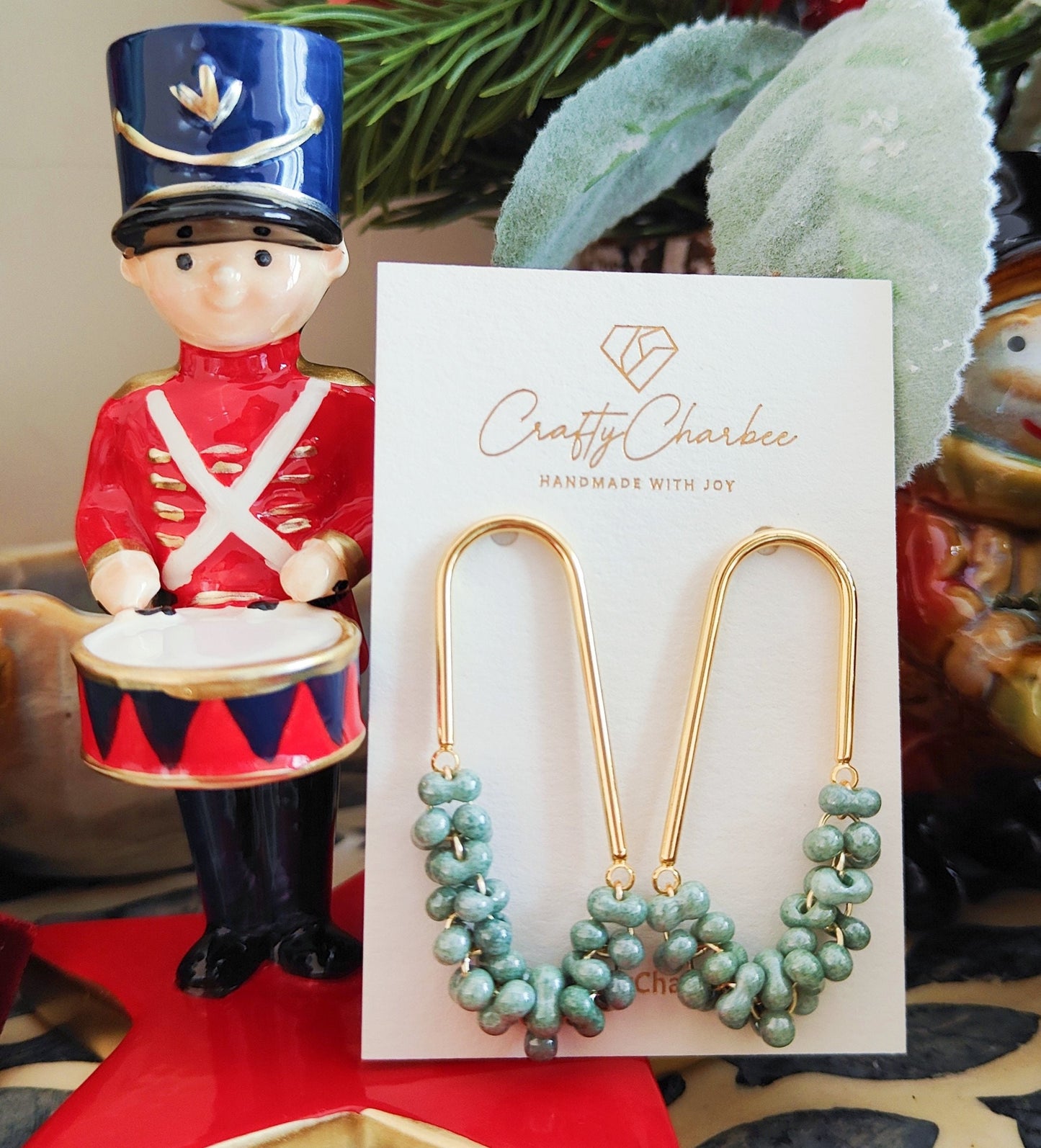 Beaded U Shaped 14K Gold Plated Earrings, Mint Green Jolly Beads