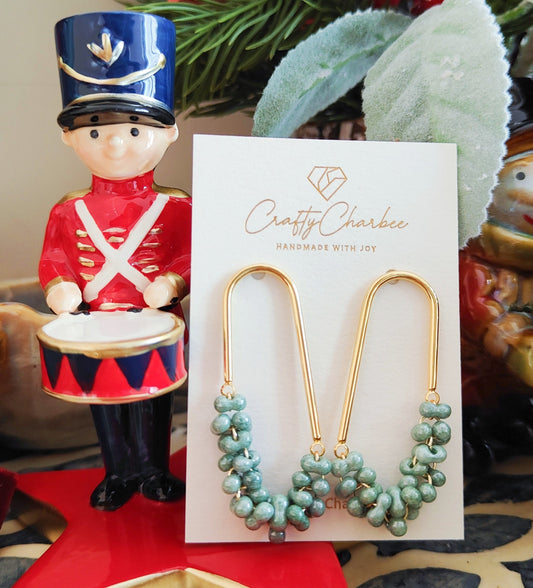 Beaded U Shaped 14K Gold Plated Earrings, Mint Green Jolly Beads