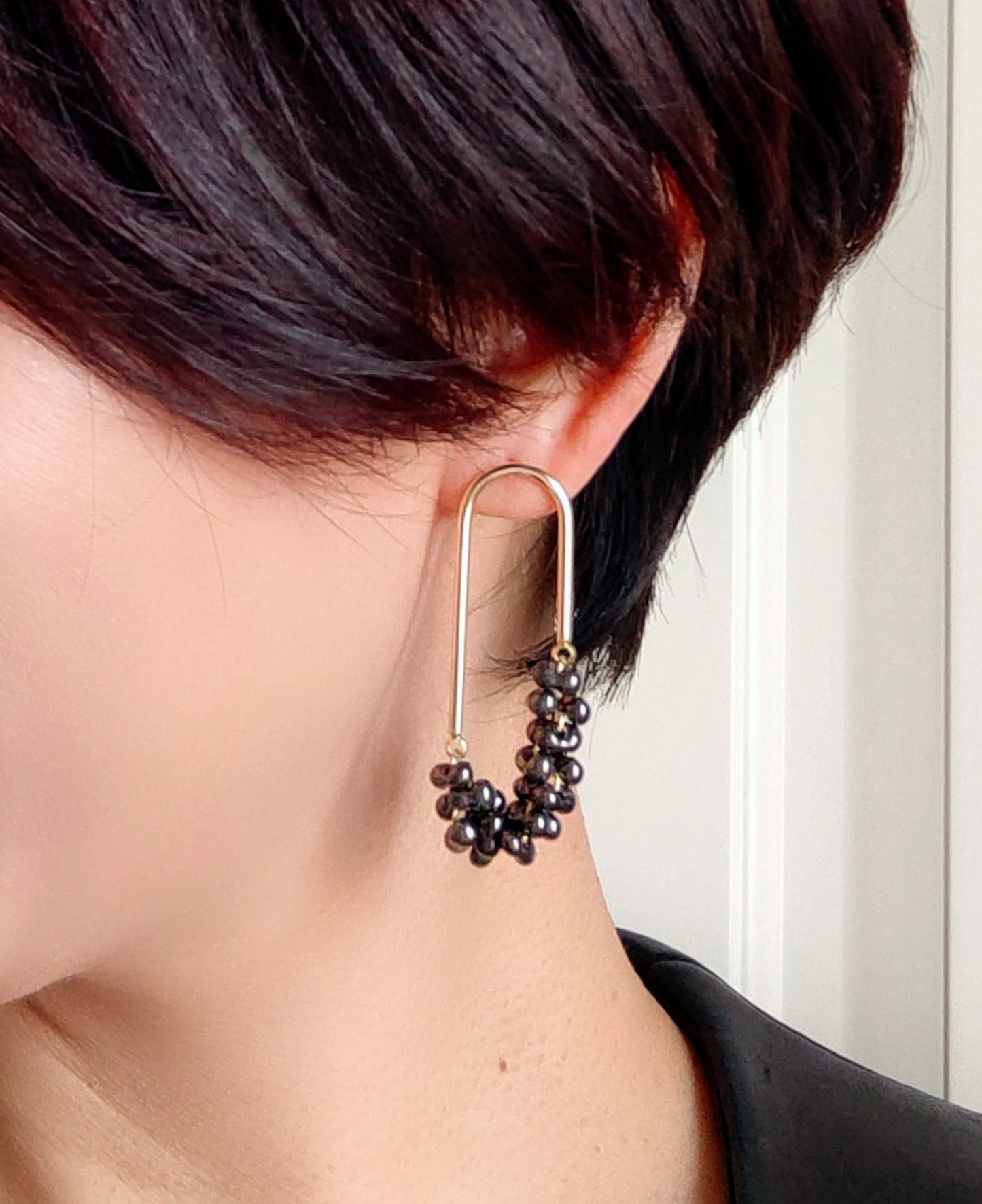 Beaded U Shaped 14K Gold Plated Earrings, Metallic Black Jolly Beads