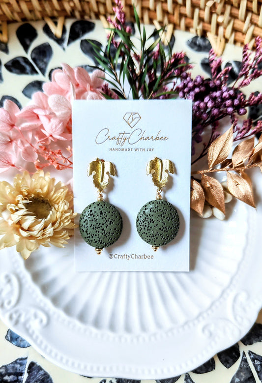 Forest Green Lava Stone 14K Gold Plated Stud Earrings (Sphere / Coin Shape)