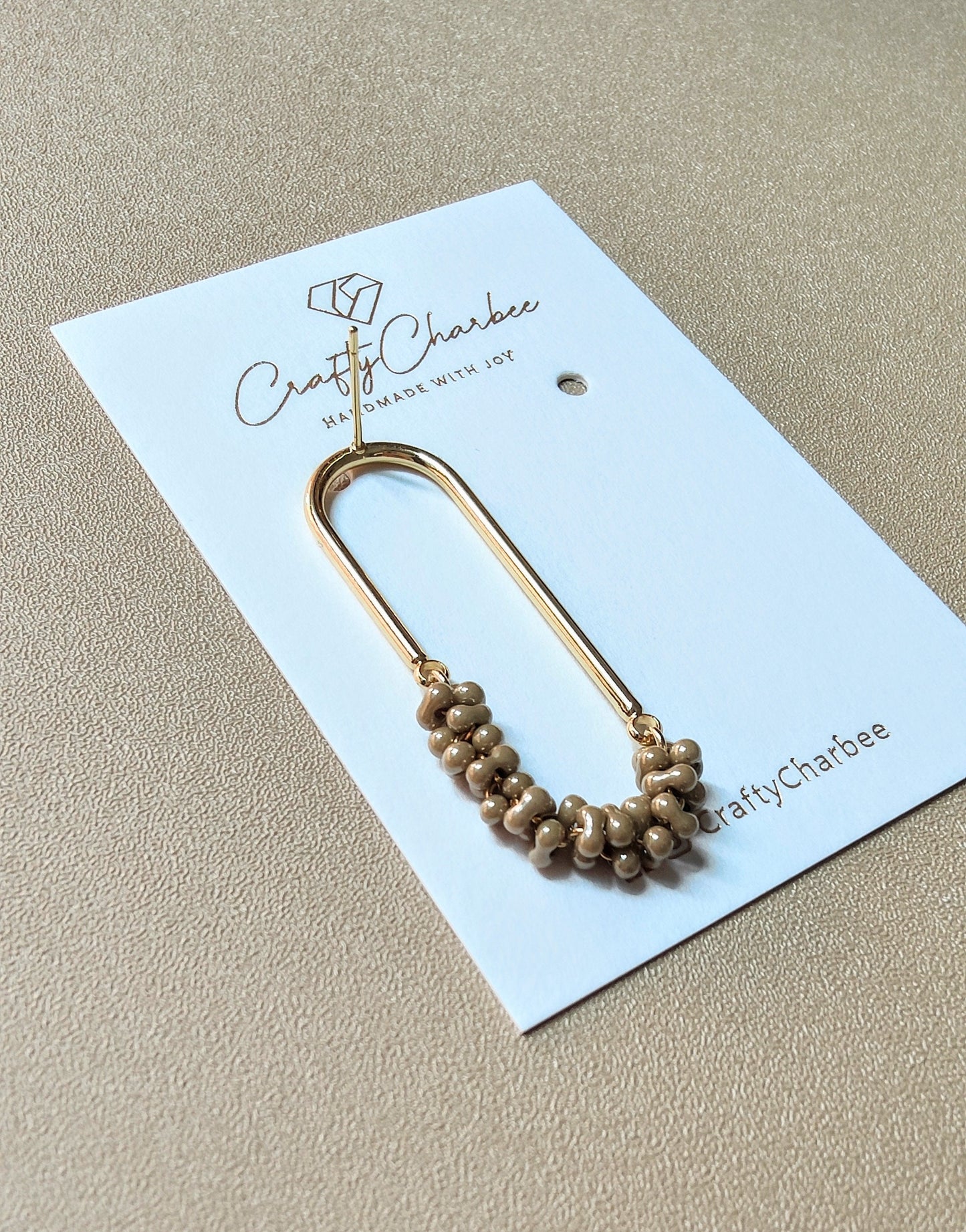 Beaded U Shaped 14K Gold Plated Earrings, Mini Beige Jolly Beads