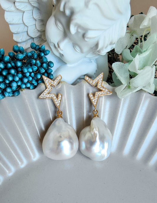 Baroque Pearl CZ Star S925 Sliver Stud Earrings