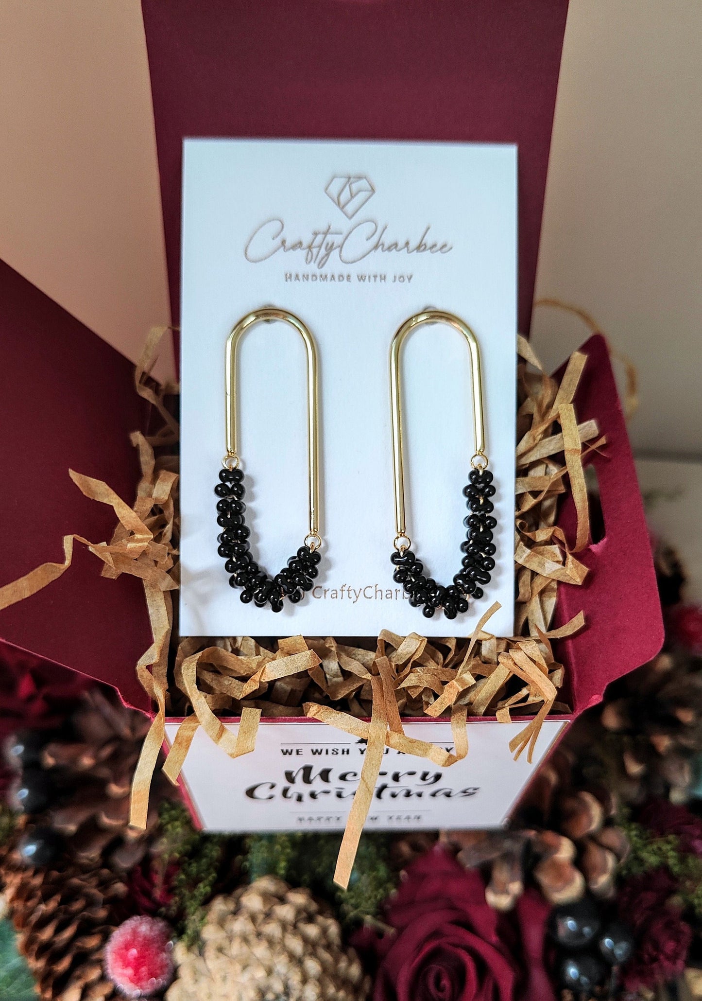 Beaded U Shaped 14K Gold Plated Earrings, Mini Black Jolly Beads
