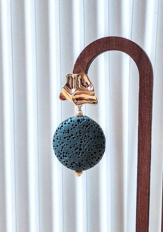Vintage Teal Lava Stone 14K Gold Plated Stud Earrings (Coin Shape)
