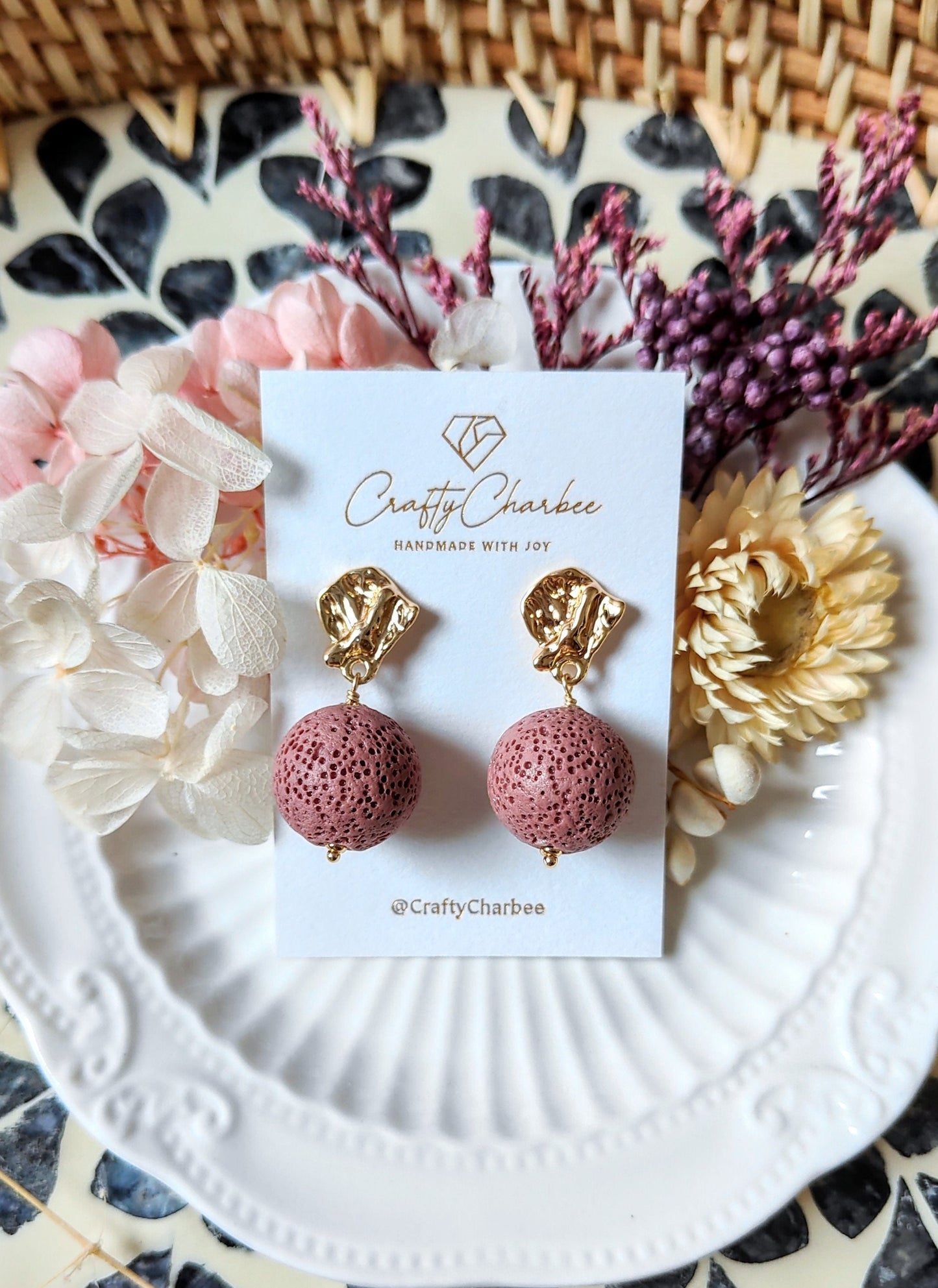 Bubble Gum Pink Lava Stone 14K Gold Plated Stud Earrings (Sphere Shape)