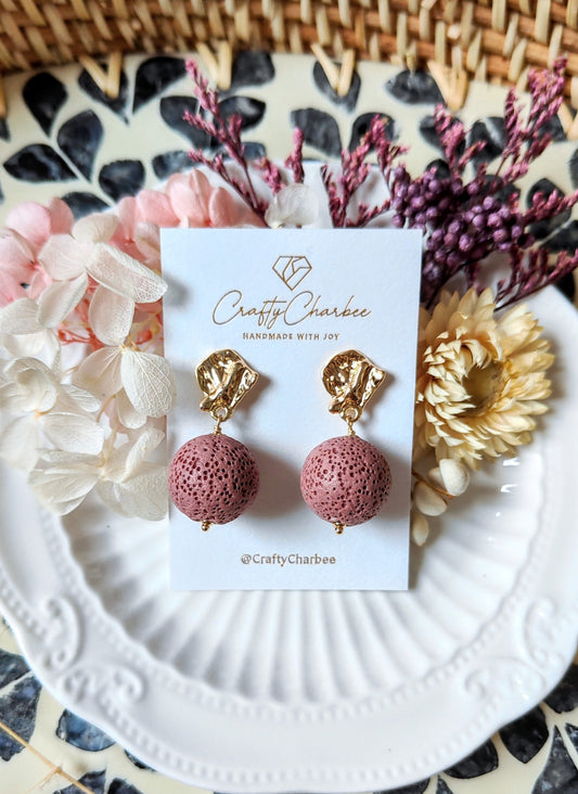 Bubble Gum Pink Lava Stone 14K Gold Plated Stud Earrings (Sphere Shape)