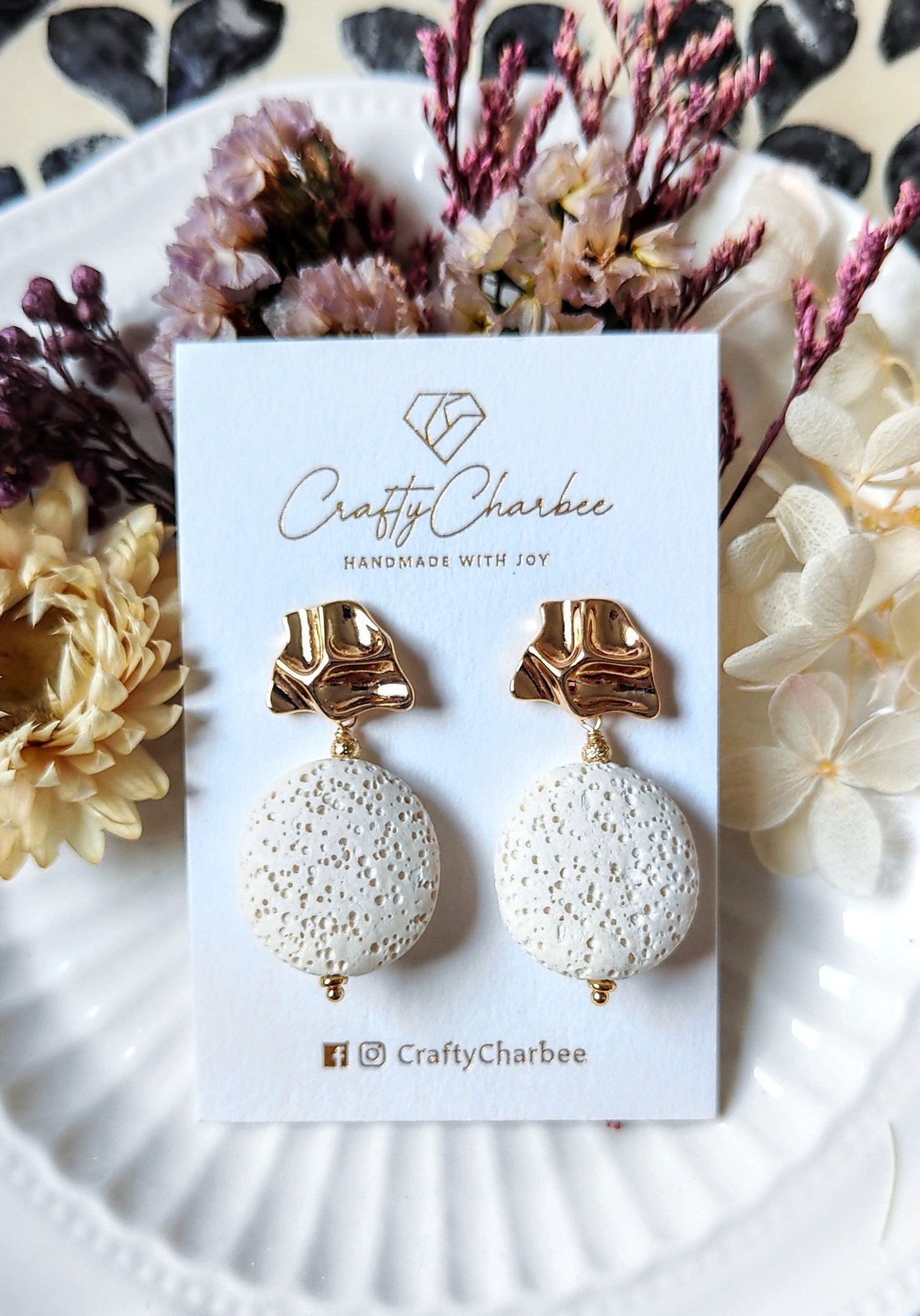 Pearl White Lava Stone 14K Gold Plated Stud Earrings (Sphere / Coin Shape)