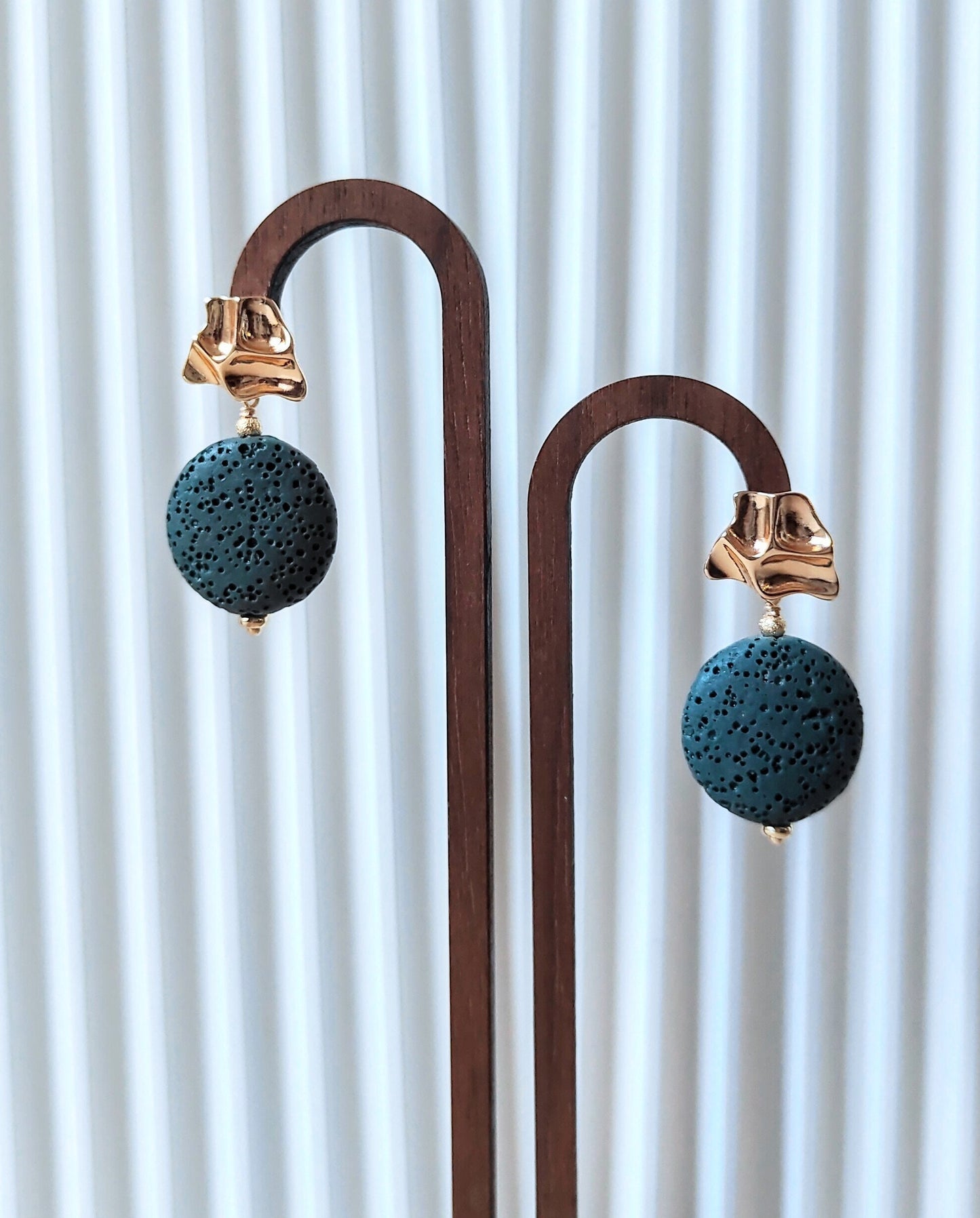 Vintage Teal Lava Stone 14K Gold Plated Stud Earrings (Coin Shape)