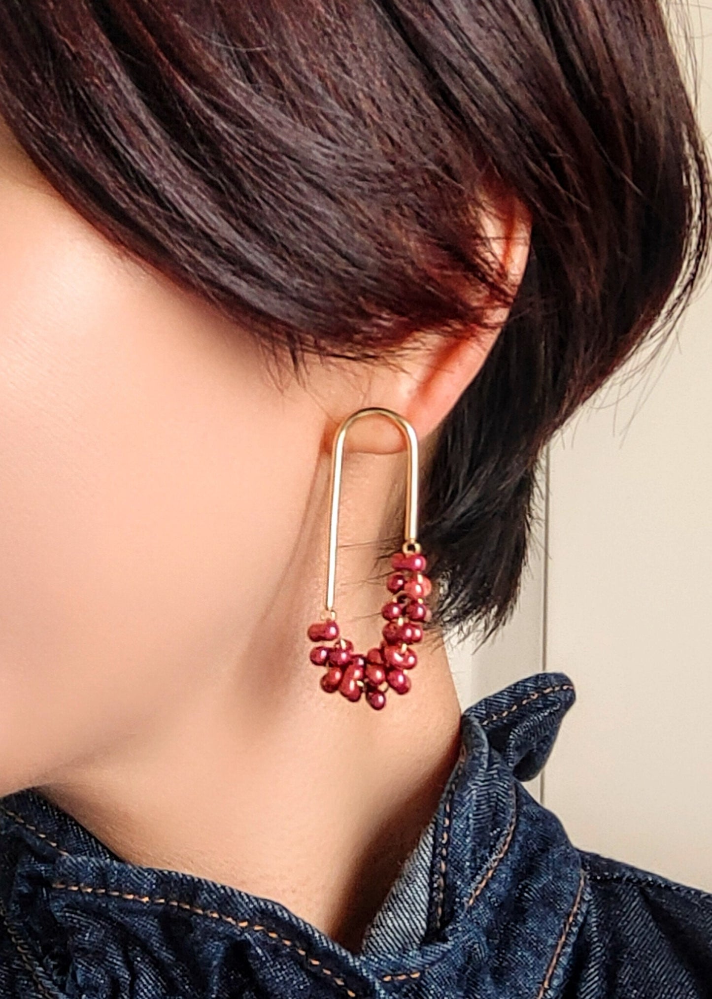 Beaded U Shaped 14K Gold Plated Earrings, Metallic Red Jolly Beads