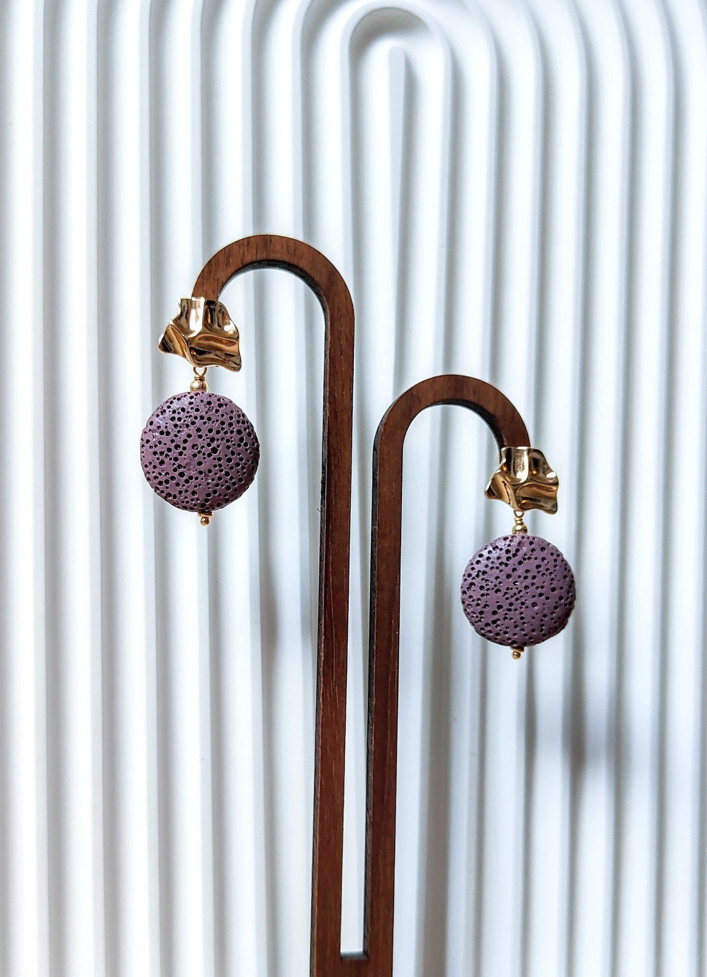 Purple Lava Stone 14K Gold Plated Stud Earrings (Sphere / Coin Shape)