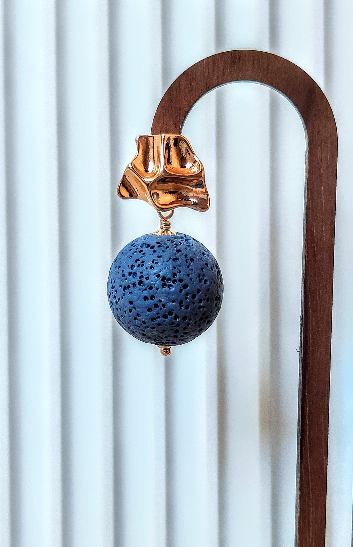 Bright Blue Lava Stone 14K Gold Plated Stud Earrings (Sphere Shape)