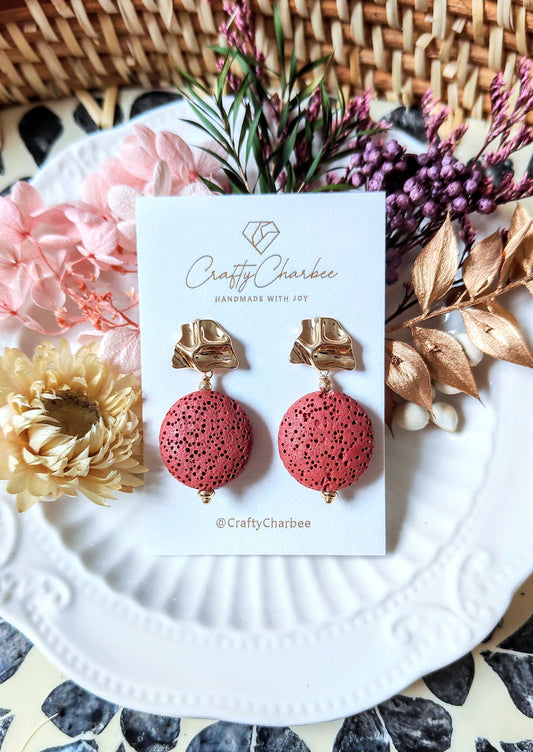 Red Bean Rosy Pink Lava Stone 14K Gold Plated Stud Earrings (Coin Shape)