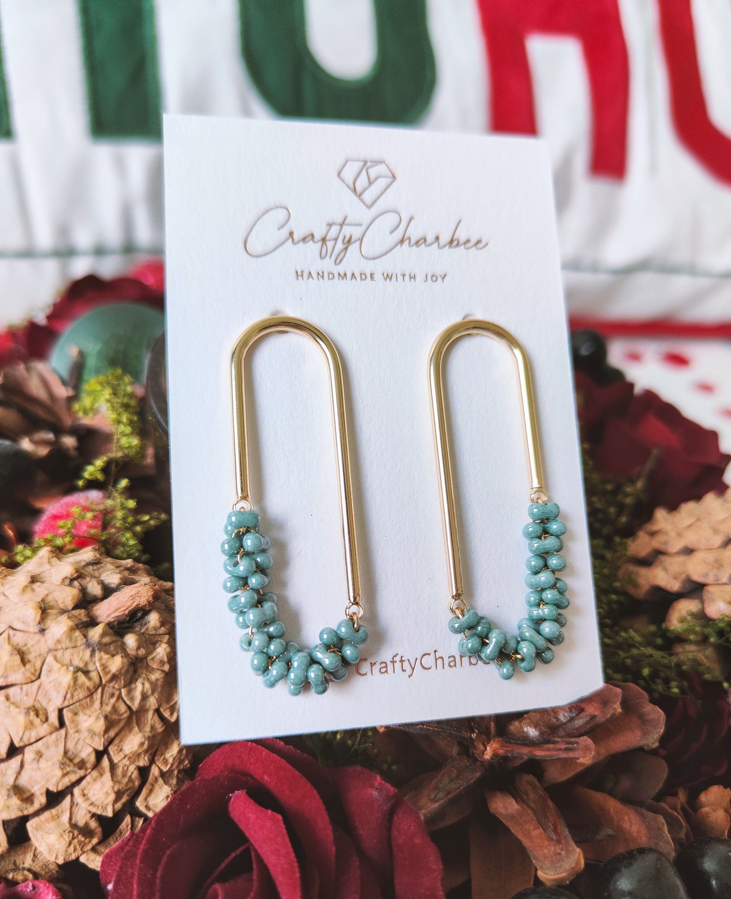 Beaded U Shaped 14K Gold Plated Earrings, Mini Mint Jolly Beads