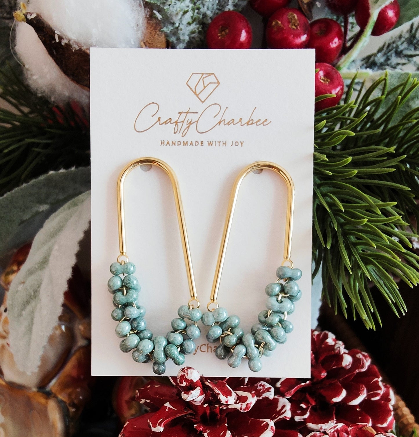 Beaded U Shaped 14K Gold Plated Earrings, Mint Green Jolly Beads