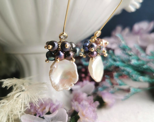 Natural Baroque Petal Pearl and Black Freshwater Pearls Dangle Drop Earrings