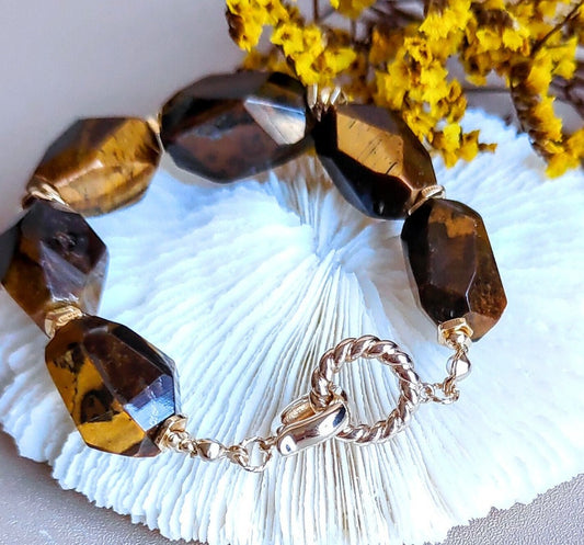Natural Tiger Eye Stone Bracelet, 14K Gold Plated Clasp